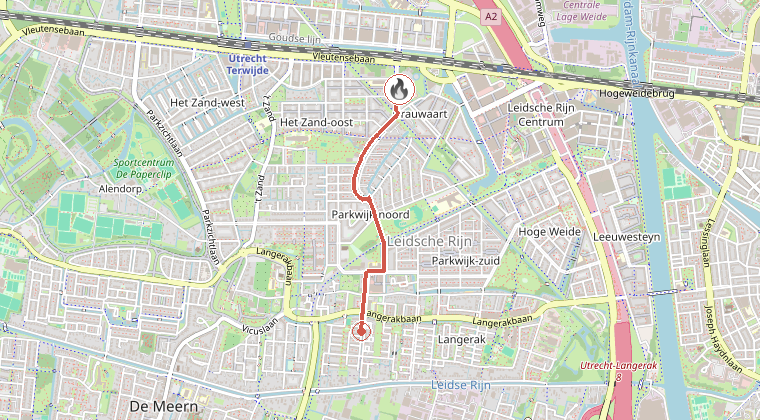 Kaart van de omgeving van de melding, met de kazerne die is gealarmeerd