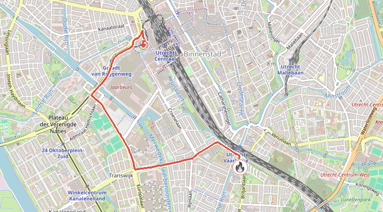 Kaart van de omgeving van de melding, met de kazerne die is gealarmeerd