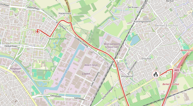 Kaart van de omgeving van de melding, met de kazerne die is gealarmeerd