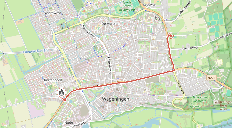 Kaart van de omgeving van de melding, met de kazerne die is gealarmeerd
