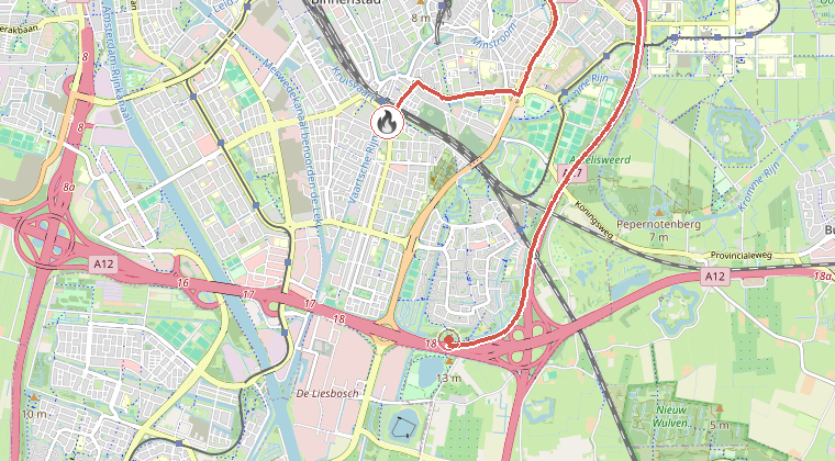 Kaart van de omgeving van de melding, met de kazerne die is gealarmeerd