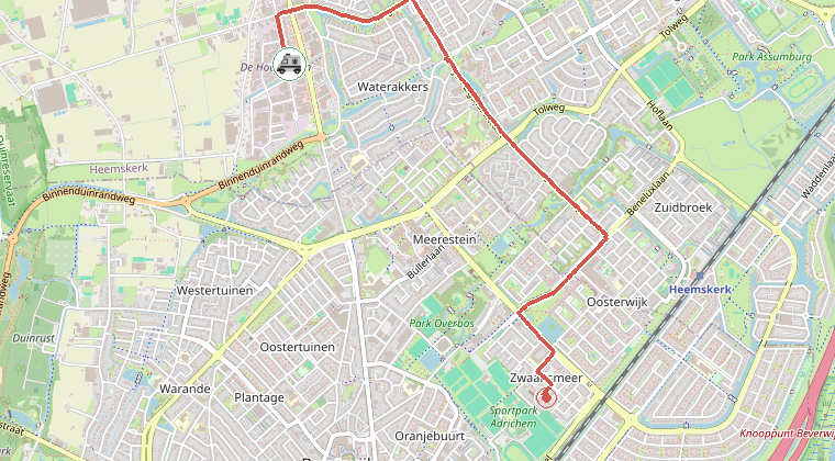 Kaart van de omgeving van de melding, met de kazerne die is gealarmeerd