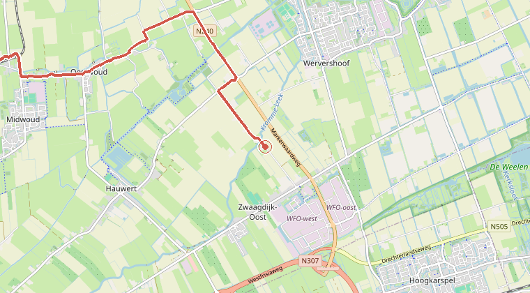 Kaart van de omgeving van de melding, met de kazerne die is gealarmeerd