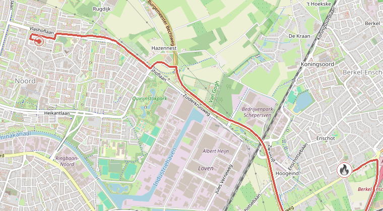 Kaart van de omgeving van de melding, met de kazerne die is gealarmeerd