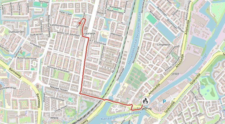 Kaart van de omgeving van de melding, met de kazerne die is gealarmeerd