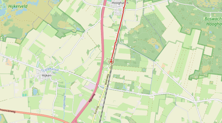 Kaart van de omgeving van de melding, met de kazerne die is gealarmeerd
