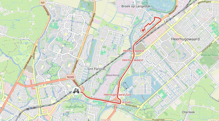 Kaart van de omgeving van de melding, met de kazerne die is gealarmeerd