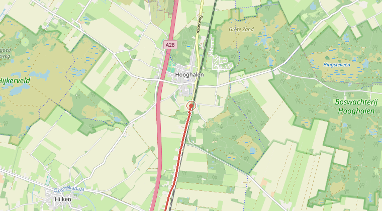 Kaart van de omgeving van de melding, met de kazerne die is gealarmeerd