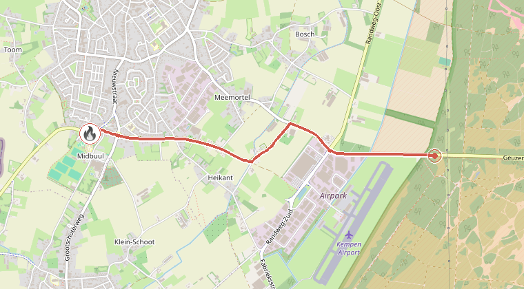 Kaart van de omgeving van de melding, met de kazerne die is gealarmeerd