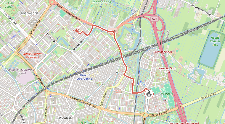 Kaart van de omgeving van de melding, met de kazerne die is gealarmeerd