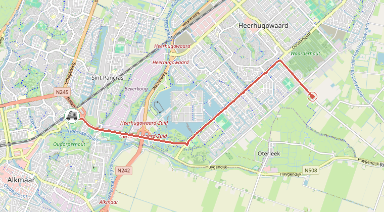 Kaart van de omgeving van de melding, met de kazerne die is gealarmeerd