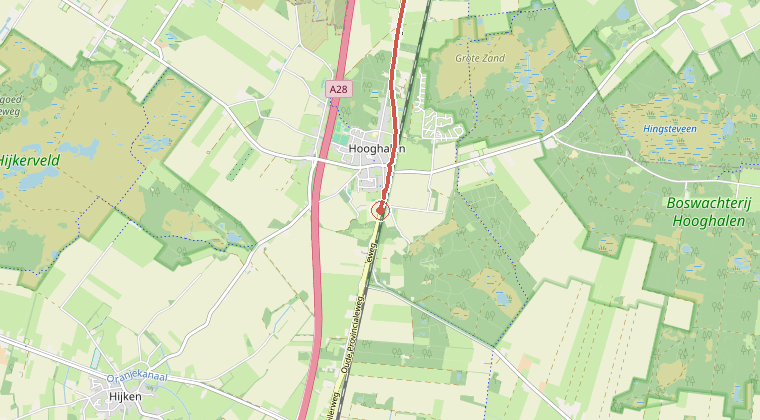 Kaart van de omgeving van de melding, met de kazerne die is gealarmeerd