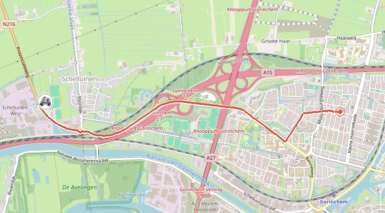 Kaart van de omgeving van de melding, met de kazerne die is gealarmeerd