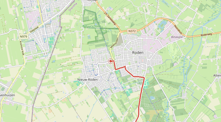 Kaart van de omgeving van de melding, met de kazerne die is gealarmeerd