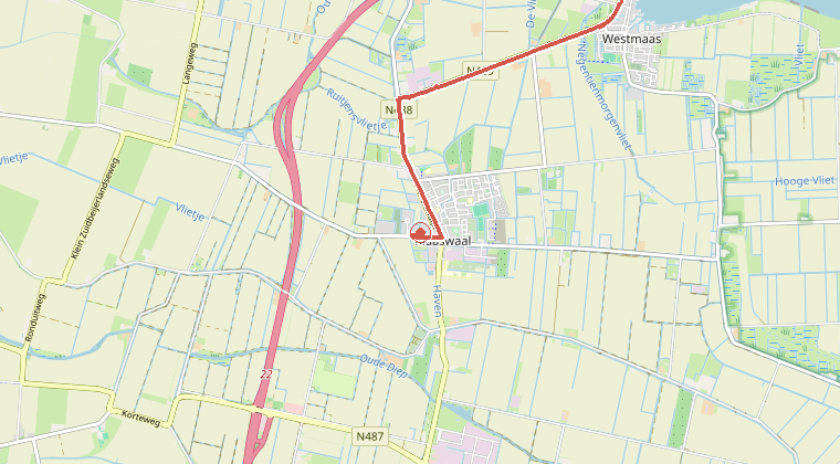 Kaart van de omgeving van de melding, met de kazerne die is gealarmeerd