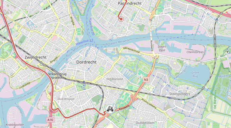 Kaart van de omgeving van de melding, met de kazerne die is gealarmeerd