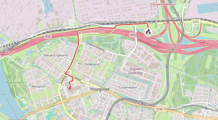 Kaart van de omgeving van de melding, met de kazerne die is gealarmeerd