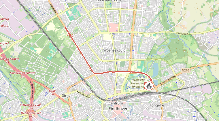 Kaart van de omgeving van de melding, met de kazerne die is gealarmeerd