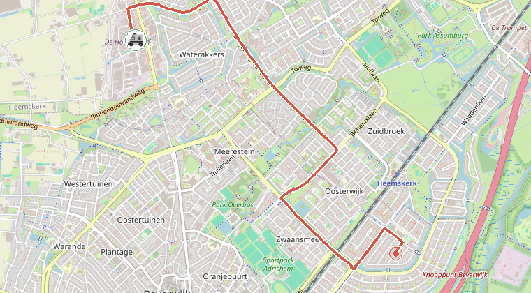 Kaart van de omgeving van de melding, met de kazerne die is gealarmeerd