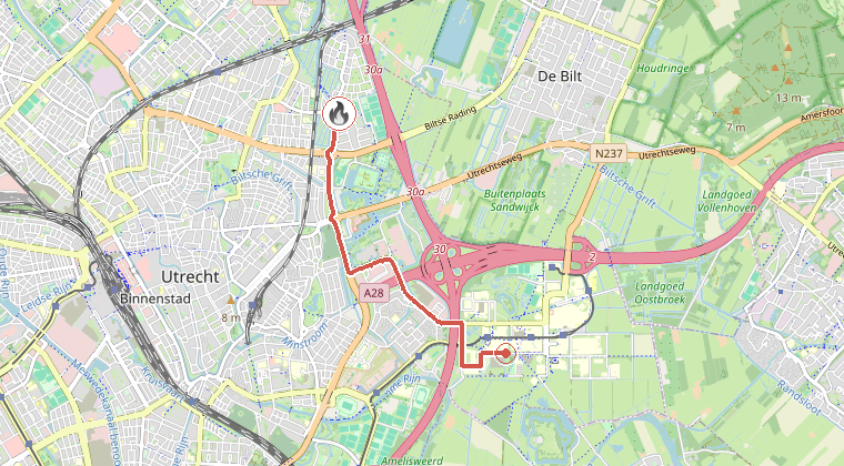 Kaart van de omgeving van de melding, met de kazerne die is gealarmeerd