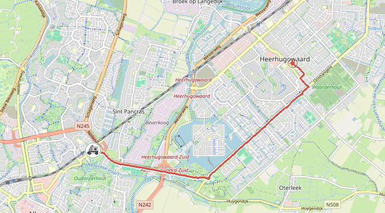 Kaart van de omgeving van de melding, met de kazerne die is gealarmeerd