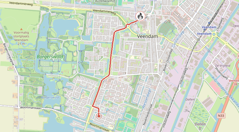 Kaart van de omgeving van de melding, met de kazerne die is gealarmeerd
