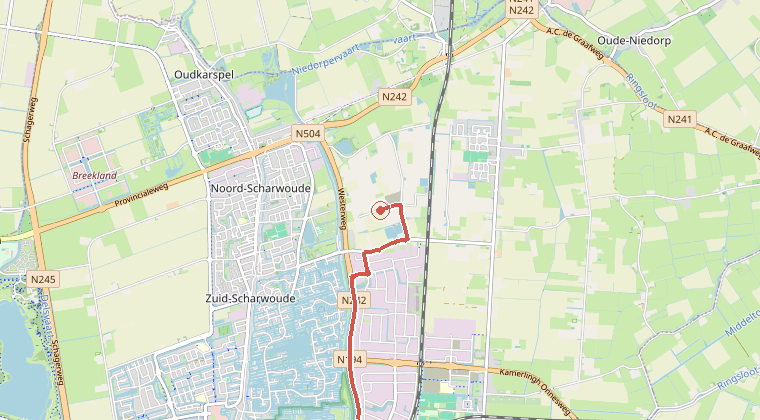 Kaart van de omgeving van de melding, met de kazerne die is gealarmeerd