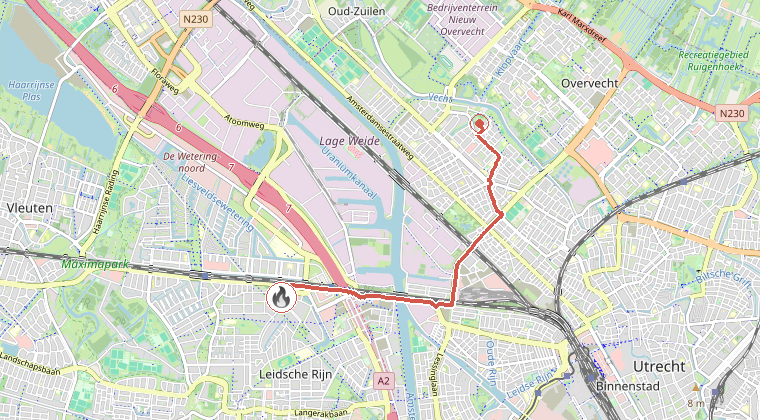 Kaart van de omgeving van de melding, met de kazerne die is gealarmeerd