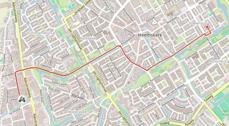 Kaart van de omgeving van de melding, met de kazerne die is gealarmeerd