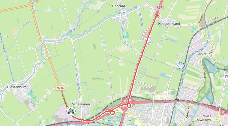 Kaart van de omgeving van de melding, met de kazerne die is gealarmeerd