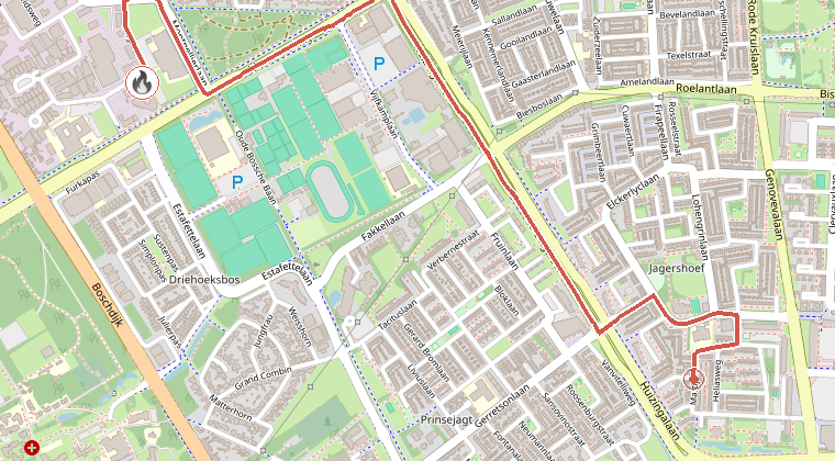 Kaart van de omgeving van de melding, met de kazerne die is gealarmeerd