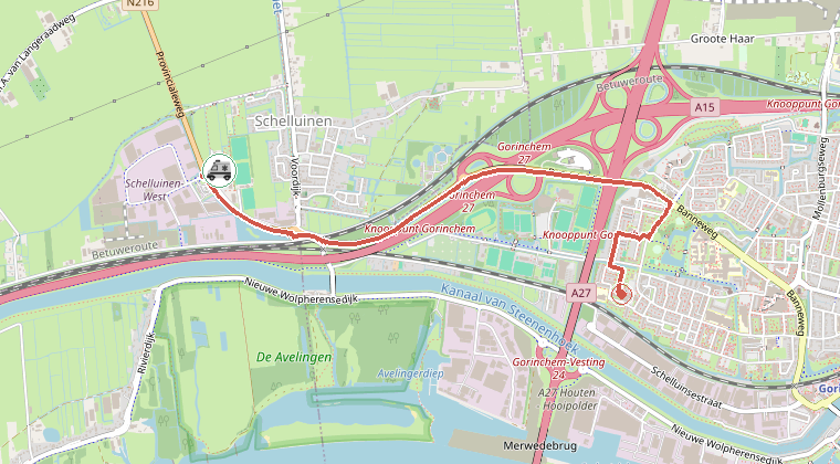 Kaart van de omgeving van de melding, met de kazerne die is gealarmeerd