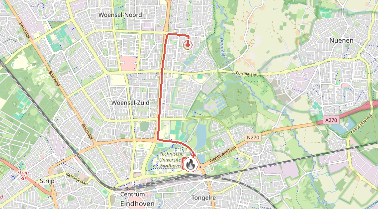Kaart van de omgeving van de melding, met de kazerne die is gealarmeerd