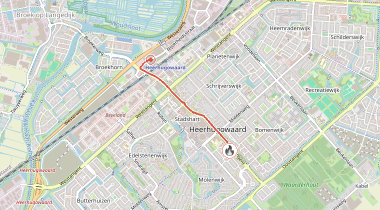 Kaart van de omgeving van de melding, met de kazerne die is gealarmeerd