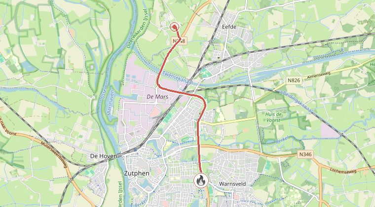 Kaart van de omgeving van de melding, met de kazerne die is gealarmeerd