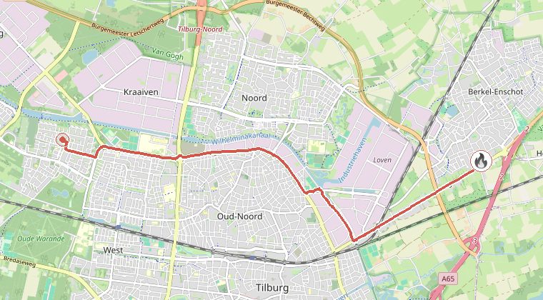Kaart van de omgeving van de melding, met de kazerne die is gealarmeerd