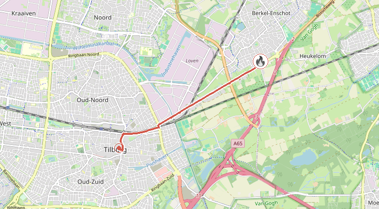 Kaart van de omgeving van de melding, met de kazerne die is gealarmeerd