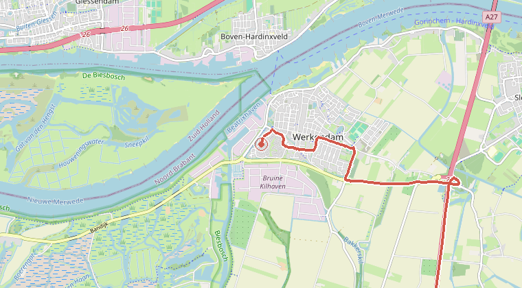 Kaart van de omgeving van de melding, met de kazerne die is gealarmeerd