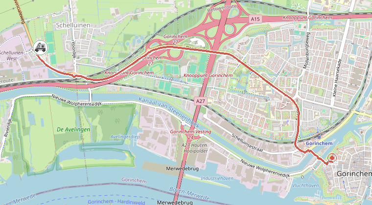 Kaart van de omgeving van de melding, met de kazerne die is gealarmeerd