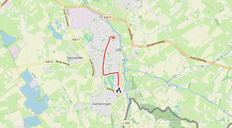Kaart van de omgeving van de melding, met de kazerne die is gealarmeerd