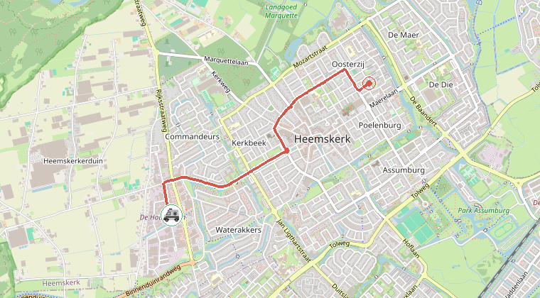 Kaart van de omgeving van de melding, met de kazerne die is gealarmeerd