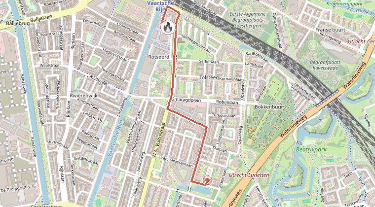 Kaart van de omgeving van de melding, met de kazerne die is gealarmeerd