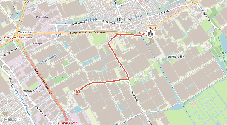Kaart van de omgeving van de melding, met de kazerne die is gealarmeerd