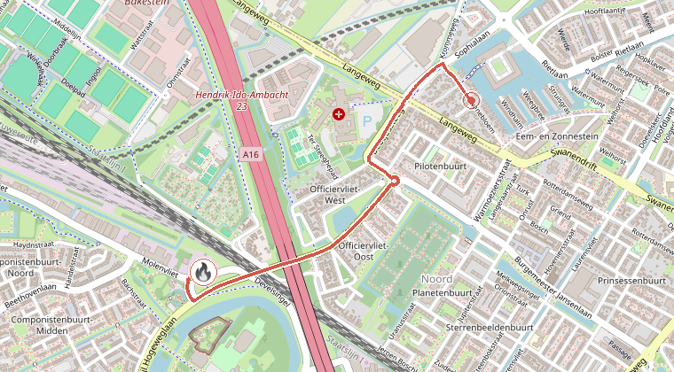 Kaart van de omgeving van de melding, met de kazerne die is gealarmeerd