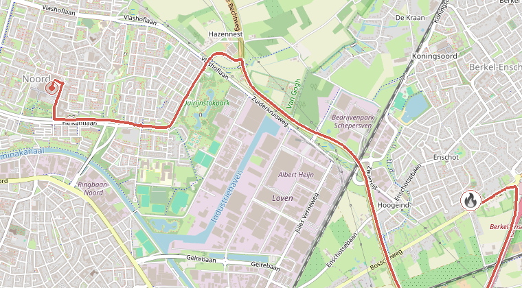 Kaart van de omgeving van de melding, met de kazerne die is gealarmeerd