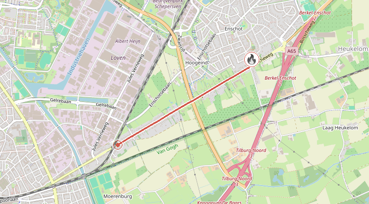Kaart van de omgeving van de melding, met de kazerne die is gealarmeerd