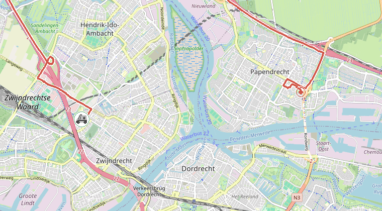Kaart van de omgeving van de melding, met de kazerne die is gealarmeerd