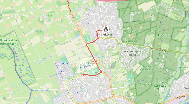 Kaart van de omgeving van de melding, met de kazerne die is gealarmeerd