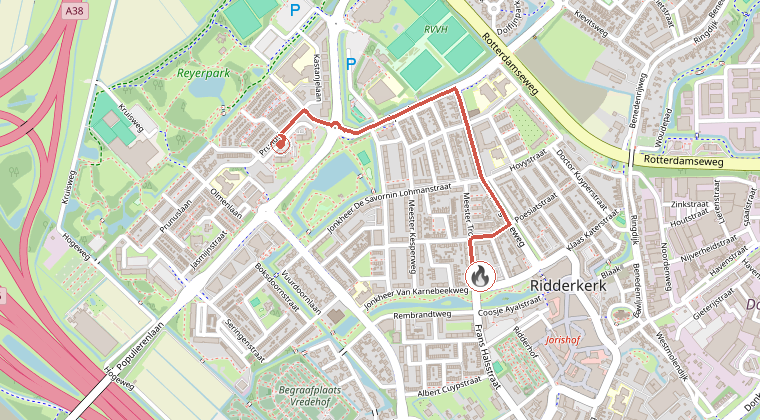 Kaart van de omgeving van de melding, met de kazerne die is gealarmeerd