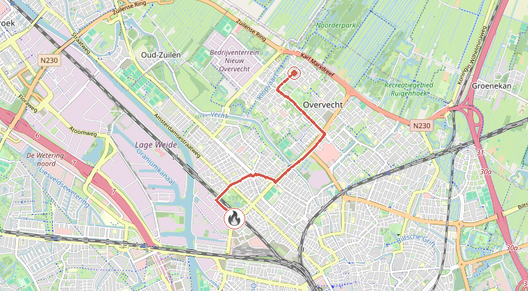 Kaart van de omgeving van de melding, met de kazerne die is gealarmeerd